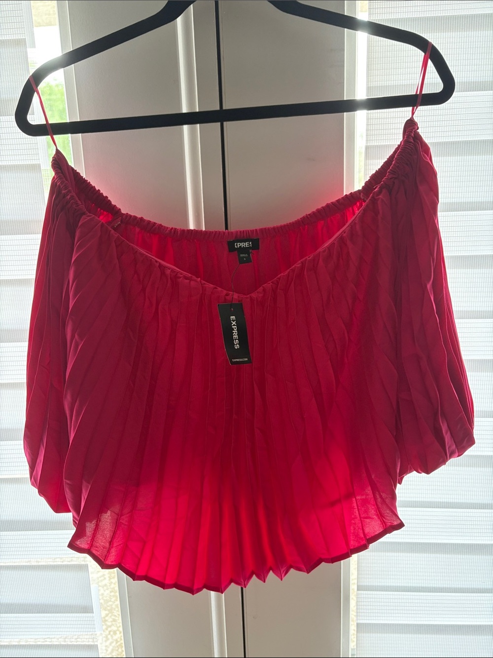 Express Pleated Off-Shoulder Spaghetti Strap Top in Hot Pink